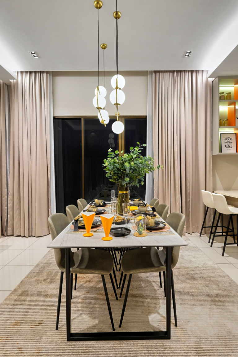 Modern Dining Room Table with statement lighting above