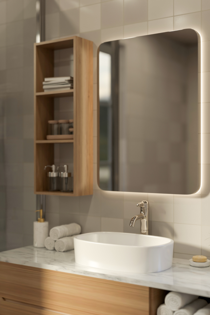 Acrylic bathroom organizer set holding skincare, makeup, and toiletries on a countertop, providing stylish, functional, and budget-friendly bathroom storage.