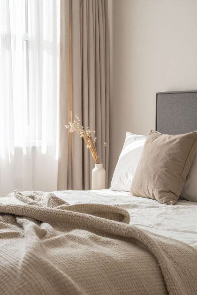Linen blackout curtains in neutral tones hanging in a bedroom, providing light-blocking, cozy, and stylish home decor for modern and minimalist interiors.