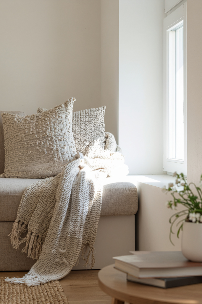 Boho throw pillow covers with textured fabric and neutral patterns styled on a modern sofa, perfect for cozy living room decor and affordable home styling.