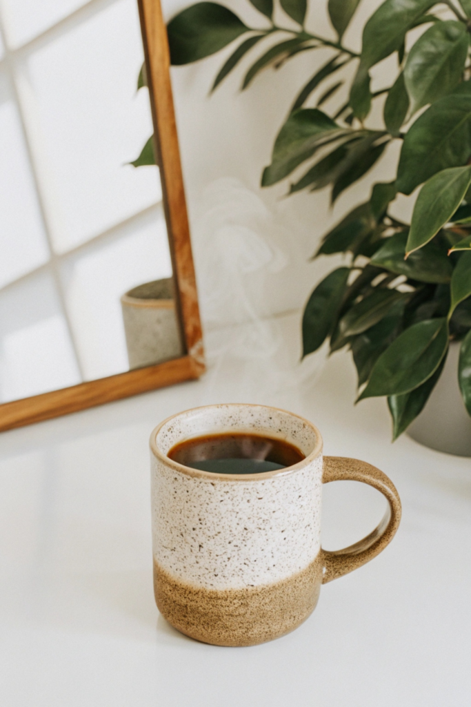 Chic ceramic mug on a bedside table next to a cozy bed, perfect for coffee, tea, or hot chocolate, adding style and warmth to the bedroom for under $50.