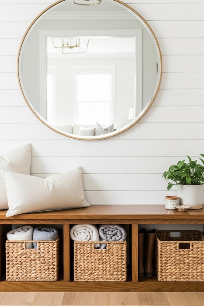 Entryway storage bench with lift-up compartments for shoes and accessories, adding stylish, organized, and budget-friendly home decor.