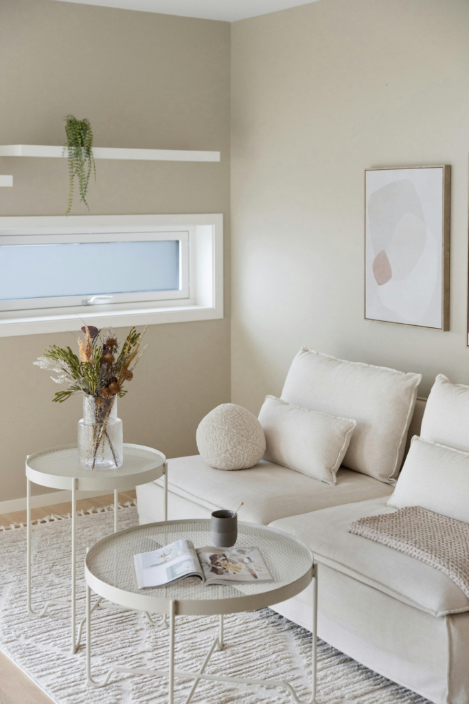 Lightweight neutral area rug in a living room, adding texture and a soft spring update.