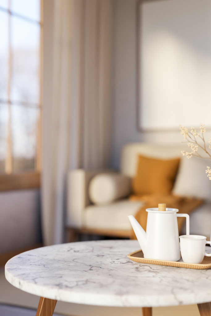 Light marble coffee table in a living room styled for a fresh spring refresh.