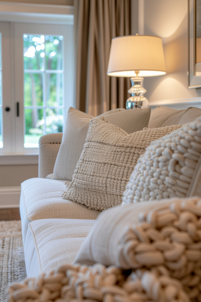 Neutral throw pillows on a sofa adding texture and a soft spring update to the living room.