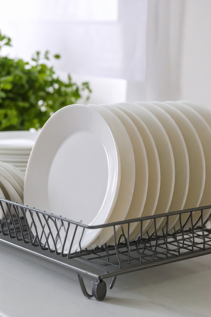 Over-the-sink dish drying rack holding plates. Kitchen Organization