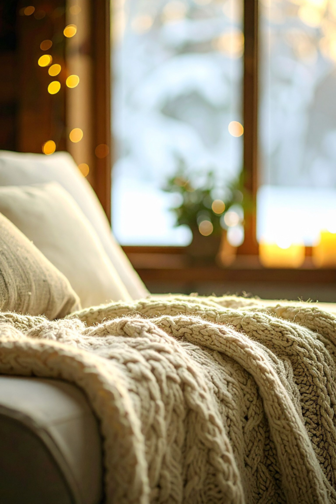 Textured knit throw blanket in neutral tones draped over a sofa, adding cozy, stylish, and budget-friendly home decor to living rooms and bedrooms.