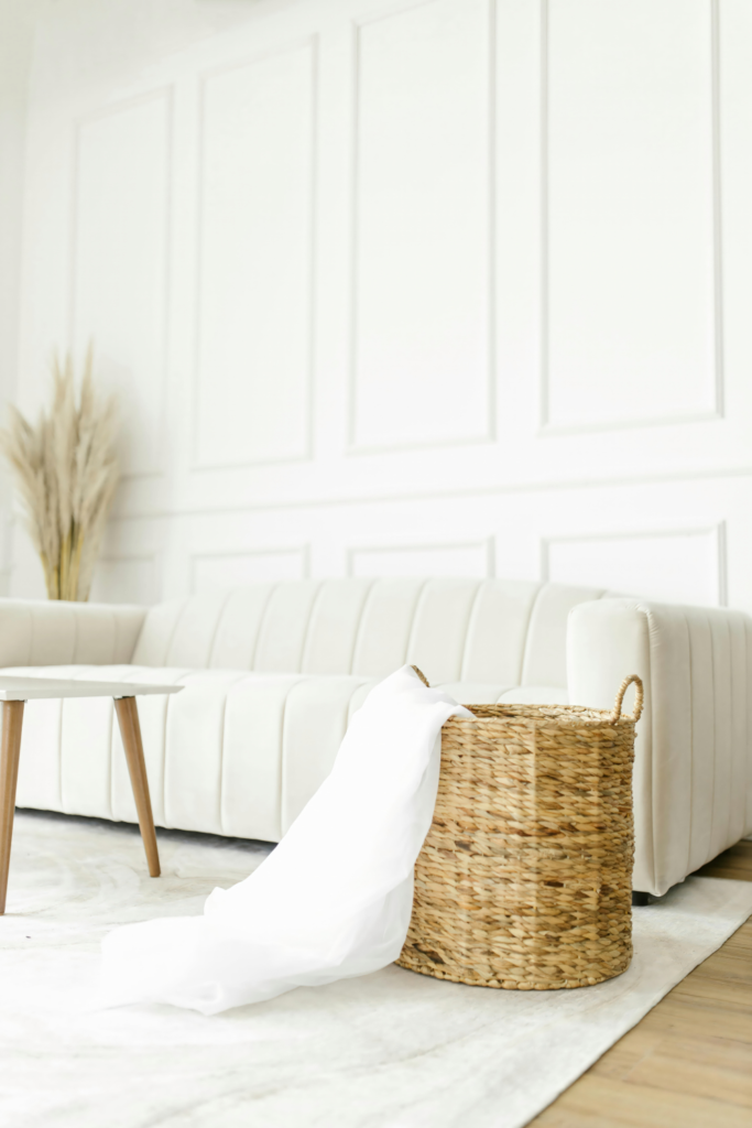 Woven storage baskets in a living room adding natural texture and a soft spring update.