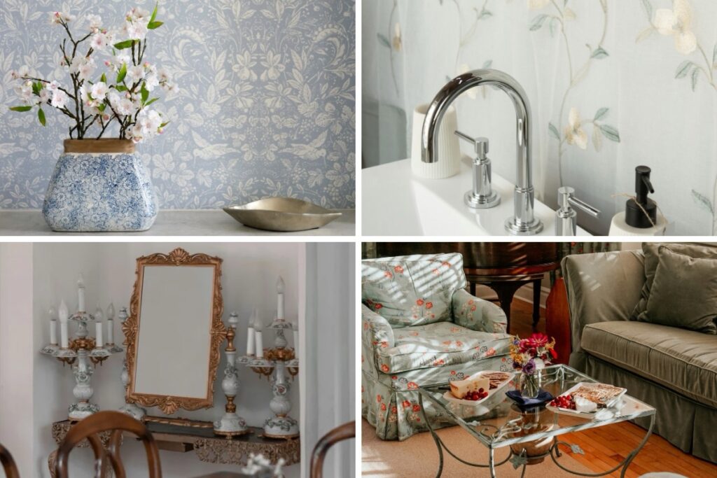 Grandmillennial style bedroom with blue chinoiserie ginger jars, rattan furniture, and floral wallpaper 2026 decor trend