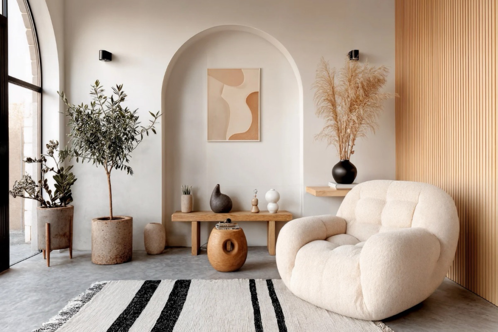 Warm minimalist living room with cream bouclé chair, natural wood coffee table, and neutral decor 2026 home trend