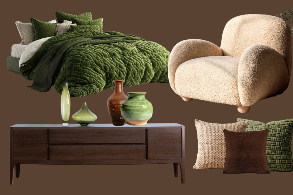Earthy home decor with olive green accents, cozy bed, and natural wood textures 2026 home decor trend
