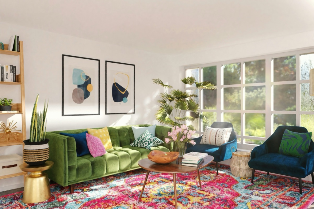 Bright eclectic living room with a green velvet sofa, colorful patterned rug, abstract wall art, blue armchairs, indoor plants, and large sunlit windows.