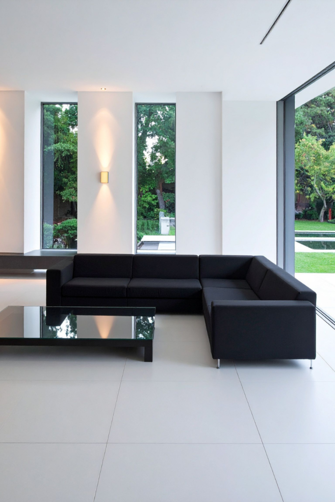 Modern Black Sleek Modular sectional sofa in all white living room and glass coffee table