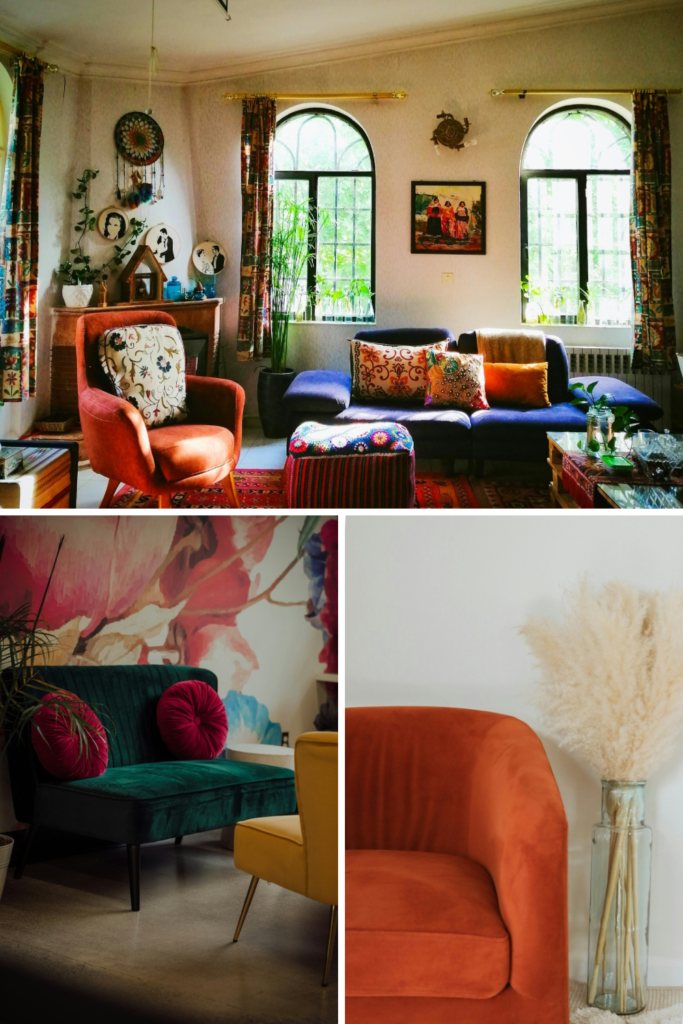 Statement velvet sofa - maximalist eclectic home decor ideas. Shop on Amazon