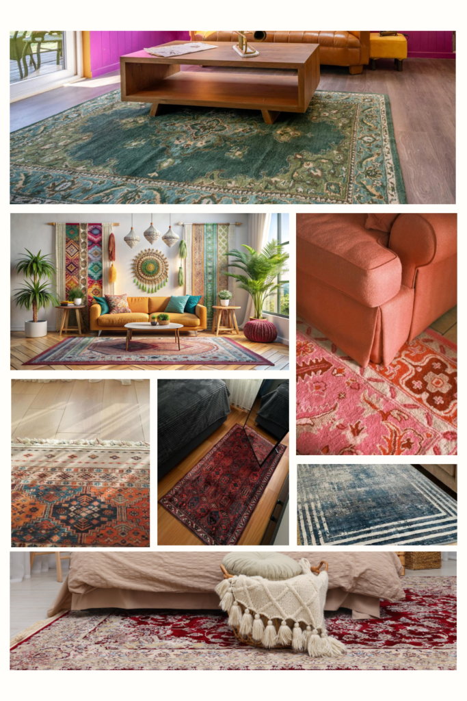 Layered patterned rugs - maximalist eclectic home decor ideas 