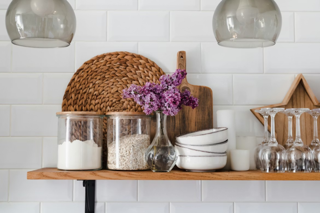 open wooden shelving
